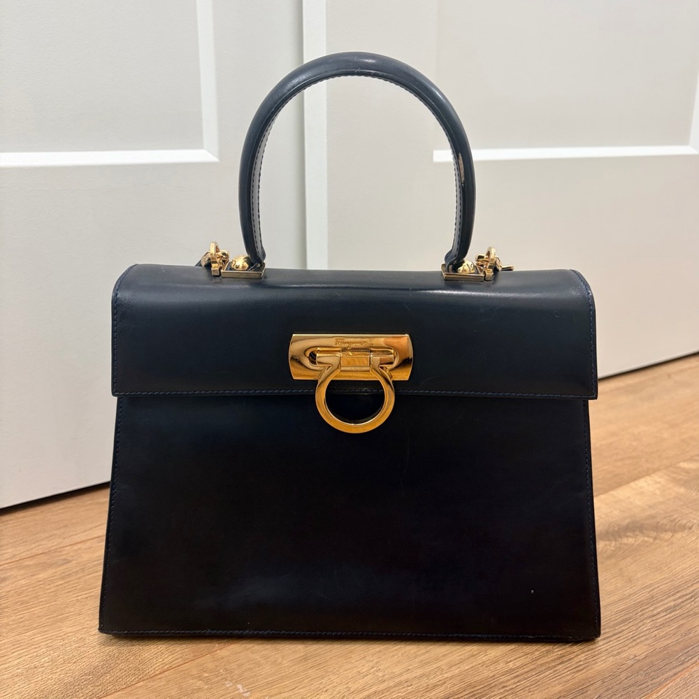 Ferragamo Gancini Navy Leather Shoulder Bag - Vintage with gold accents